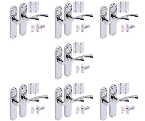 Image of Hunta HANDLEZONE® 7 Sets Lobo Internal Door Handles on Backplate Lever Latch Packs with Ball Bearing Hinges - Polished Chrome