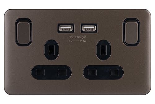 Image of Schneider Electric Lisse Screwless Deco 13A Sw SO SP w/ 2USB BMB, Mocha Bronze, 2 Gangs