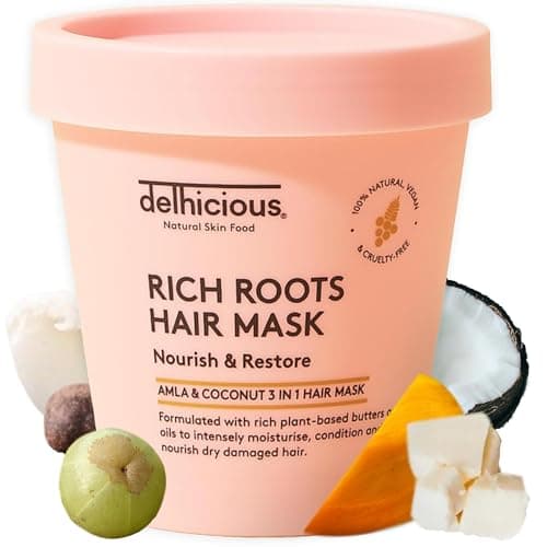 Image of Delhicious Rich Roots 3-in-1 Hair Mask with Amla Oil & Coconut - Hair & Scalp Treatment for Dry, Damaged Hair - Shea Butter, Mango Butter - Vegan, Natural, Ayurveda - Sulphate Free Hair Mask - 175g