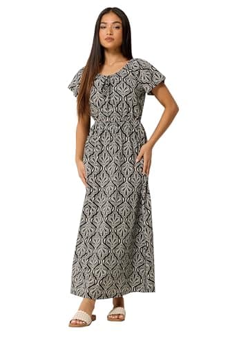 Image of M&Co Petite Abstract Print Tie Neck Cotton Maxi Dress - Women's Black