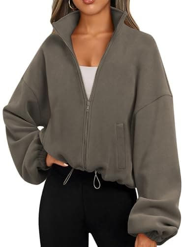 Image of Famulily Ladies Winter Tops High Neck Elegant Solid Tunic Sweatshirts Basic Full Zip Fleece Short Jacket Warm Outwear With Pockets Coffee XL
