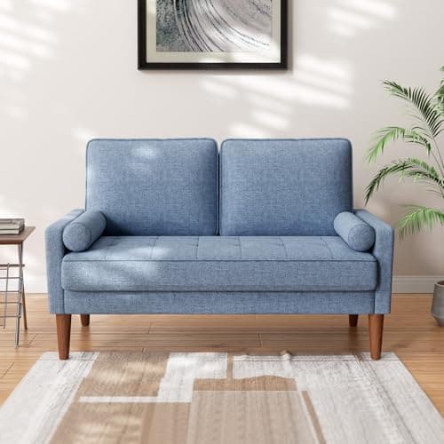 Image of Vesgantti Small 2 Seater Blue Comfy Linen Modern Love Seat Sofa for Living Room & Bedroom