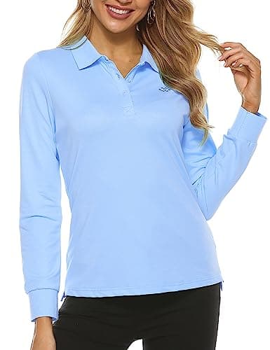 Image of AIRIKE Ladies Women Polo T-Shirt Long-Sleeve Plain Classic Golf Tennis Tops Pique Polo Shirts Blue Size M