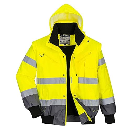 Image of Portwest C465 Hi-Vis 3-in-1 Waterproof Contrast Hooded Bomber Jacket with Pockets - Reflective Outdoor Safety Security Workwear Coat, Yellow/Grey, S