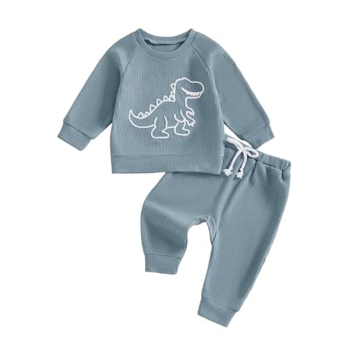 Image of Vioyavo Toddler Baby Boys Clothes Set Dinosaur Embroidered Long Sleeve Sweatshirt Jumper Elastic Waist Jogger Pants 2 Pieces Fall Outfit (Blue, 18-24 Months)