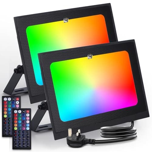 Image of Aigostar LED Floodlight Outdoor 50W 5000LM, Colour Changing Flood Lights Dimmable, RGB Outdoor Lights Mains Powered with Remote Control, Timing, 6 Modes, IP65 Waterproof, UK 3-Plug, 2 Pack