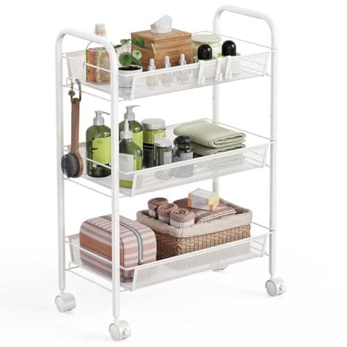 Image of WELDUN 3 Tier Storage Trolley, Rolling Cart, Kitchen Storage Cart, Metal Bathroom Cart, Portable, Stable and Easy to Assemble, Bedroom Kitchen Bathroom Living Room Storage Cart, Metal, White