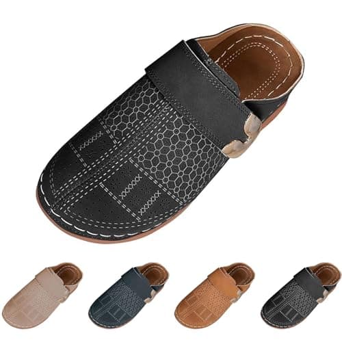 Image of Womens Wedge Clogs Womens Leather Clogs Slip-On Closed Toe Sliders Orthopedic Walking Mules with Arch Support Lightweight Mule Slides for Holiday Breathable Cut Out Slippers with Metal Buckle Navy