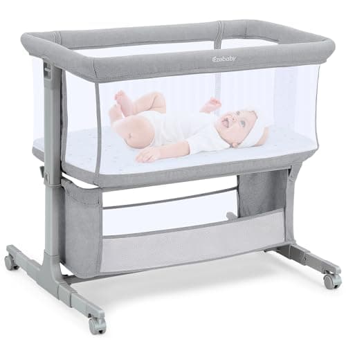 Image of Ezebaby Next To Me Crib, 7-Level Heights Adjustable Bedside Crib, Baby Bassinet with Breathable Mesh, Mattress, Storage Basket, Lockable Wheels, Portable Baby Crib for Birth to 9kg (Light Gray)