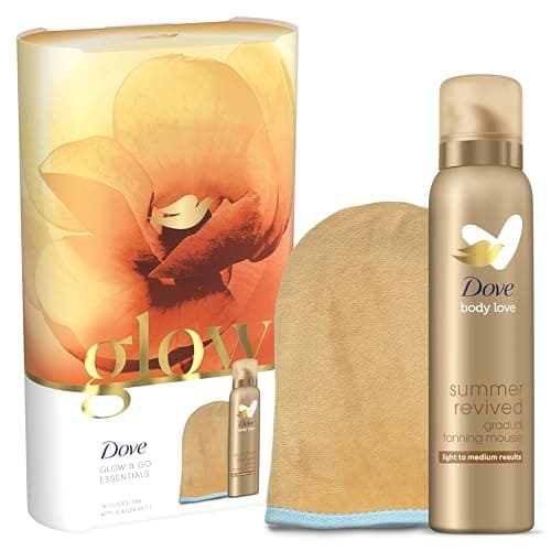 Image of Dove Glow & Go Essentials Tanning Moisturiser Gift Set for Her with a tan applicator mitt 1 piece