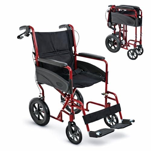 Image of Lightweight Aluminium Folding Transit Compact Travel Wheelchair Net Carry Weight Only 9.5kg, Seatbelt, Attendant Brakes, Adjustable Footrests (Red, Wide)