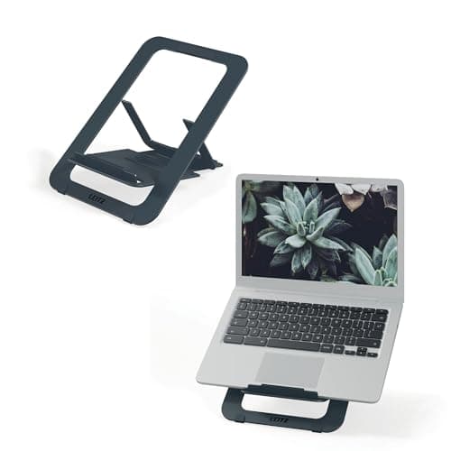 Image of Leitz Aluminium Ultra-Flat Adjustable Laptop Stand, SlimLift Design, 5 Pre-Set Height & Angle Combinations, For 10'' - 17'' Laptops/Tablets, Ergonomic & Portable, Ergo Range, Dark Grey, 63460089