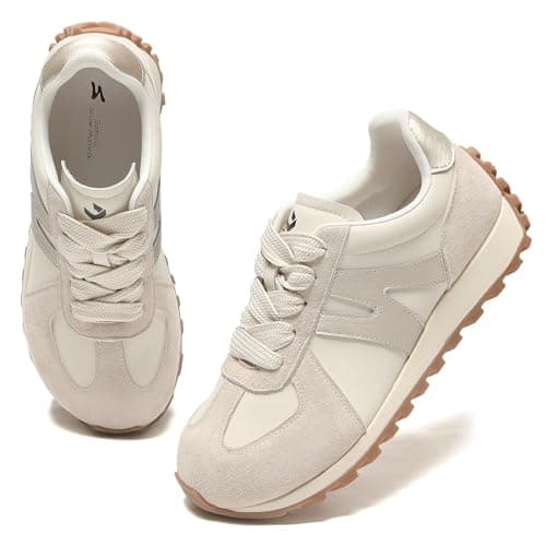 Image of somiliss Wide Fit Womens Trainers Microfiber Leather Suede Upper Ladies Trainers Walking Gym Shoes Casual Comfortable Fashion Sneakers Beige