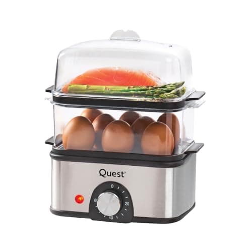 Image of Quest 2-Tier Stainless Steel Egg Boiler & Food Steamer / 8-Hole Egg Cooker & Steaming Rack / 500ml Capacity / 60 Minute Timer & Auto Cut-Off (34349)