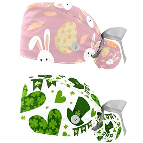 Image of 2 PCS Easter Egg Bunny Nurse Scrub Caps Women Long Hair Adjustable Tie Back Skull Hat One Size Working Head Cover, Multicoloured 2, Medium-3X-Large