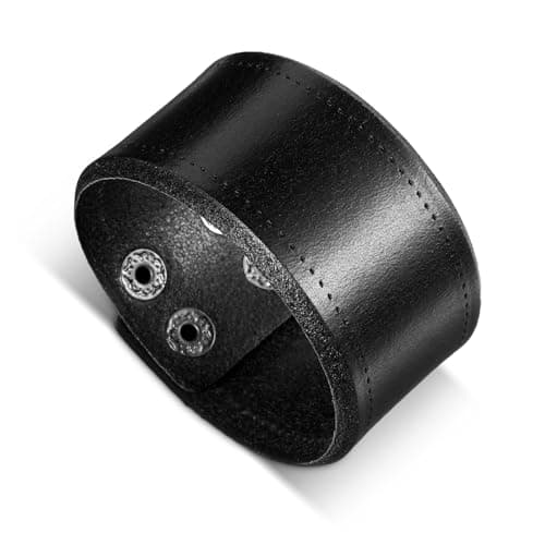 Image of Telooco 4cm Wide Leather Bracelet for Men, Adjustable Leather Wristband with Metal Snap, Gothic Wrap Wrist Cuff Simple Retro Black Bracelet Personalised Mens Bracelets Gift for Boys Men Father