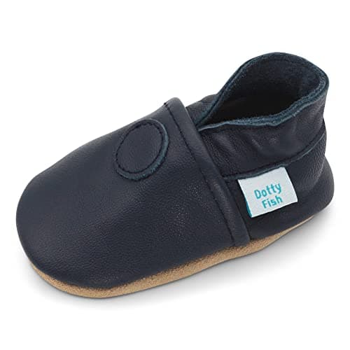 Image of Dotty Fish Soft Sole Leather Baby & Toddler Shoes – Barefoot, Non-Slip, Lightweight & Flexible, Elasticated Ankles - Unisex Boys & Girls, Podiatry Approved - Plain Navy 12-18 Months