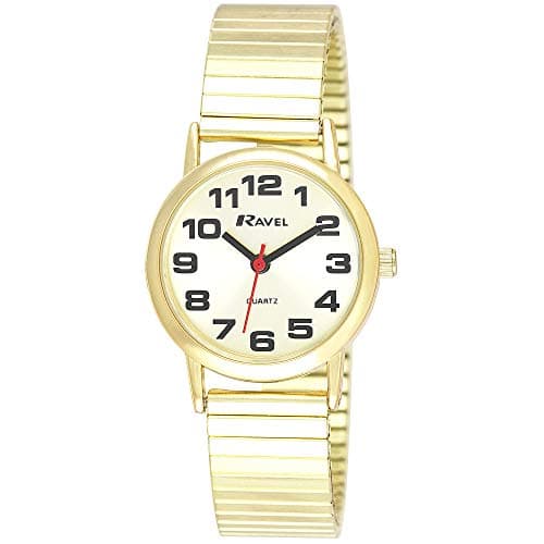 Image of Ravel Women's Easy Read Watch with Big Numbers on Stainless Steel Expander Bracelet - Gold Tone/Champagne Dial