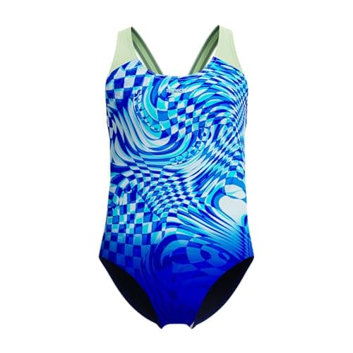 Image of Speedo Girls Print Splashback Swimsuit Swimming Costume Deep Sapphire/Pale Clover Size 13-14 Years