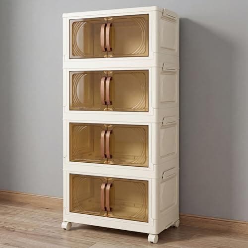Image of Klass Home Collection Stackable Storage Boxes With Lids, 4-Tier 30L/Tier Plastic Storage Drawers on Wheels 1 Lid, Cabinet Storage Unit With Drawers For Home, Bedroom, Kitchen, Bathroom (4 x 30L/Tier)