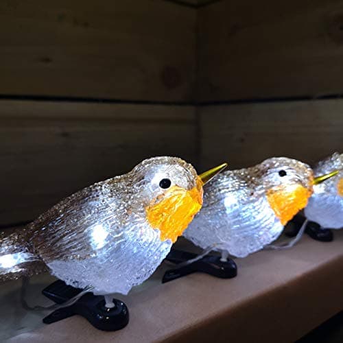 Image of Snowtime 5 Acrylic Robin Lights With Ice White Christmas LEDS with Clip-On