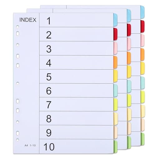 Image of File Dividers A4, 3 Pack 10 Part Folder Dividers Coloured Multi Hole Punched A4 Dividers Tabbed Index Divider for Lever Arch Files Ring Binders Office School Index Dividers