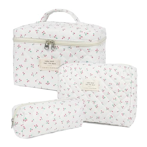 Image of Aucuu 3PCS Coquette Makeup Bag, Quilted Makeup Bag for Women, Floral Cotton Cosmetic Bag Set, Large Capacity Aesthetic Floral Toiletry Bag, Travel Toiletry Bag, Wash Organizer Pouch for Women Girls