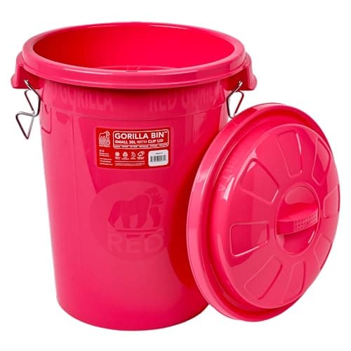 Image of Red Gorilla Bin 30 Litre with Clip Lid Pink Stackable Storage Plastic Lightweight Weather Resistant Frost Proof for Indoor Outdoor Waterproof Waste Bin for Garden Garage Kitchen Home Recycling