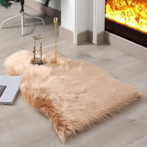 Image of JXLOULAN Fluffy Faux Sheepskin Rug Light Brown 75x120 cm- Hypoallergenic Non-Shedding Area Rug for Living Room/Bedroom/Kids Room, Cloud-Like Soft & Machine Washable