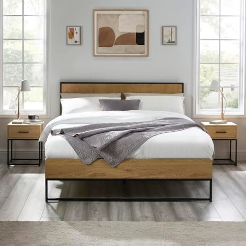 Image of Julian Bowen Harlow Double Bed - Oak Effect Double Bed Frame with Wooden Headboard, Industrial Black Metal Legs & Sturdy Slats, 4ft6/135cm, No Box Spring Needed - 100 x 139 x 196cm