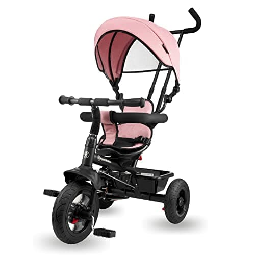 Image of HyperMotion Toddler Tricycle with Parent Handle - Adjustable Push Bar Trike for Ages 1-4, Removable Canopy & Safety Belt - Lightweight Kids Bike with Storage Basket (Pink)
