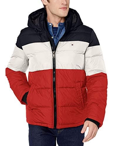 Image of Tommy Hilfiger Men's Down Alternative Hooded Puffer Jacket (Standard and Big & Tall) Coat, Midnight/Ice/Orange Color Block, XS