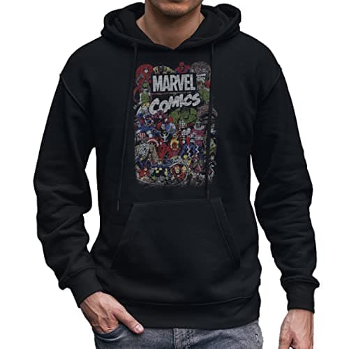 Image of Comics Logo Thor Hulk Iron Man Avengers Spiderman Daredevil Strange Loki Thanos Mens Adult Sweatshirt Graphic Hoodie (Small, Black)