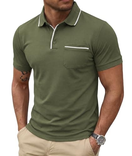 Image of Elainone Men's Polo Shirts Cotton Short Sleeve Golf T-Shirt with Pocket Striped Collar Casual Work Tops Green