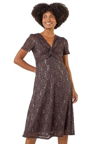 Image of Roman Originals Sequin Lace Twist Front Midi Dress for Women UK - Ladies Everyday Autumn Winter V-Neckline Comfy Soft Evening Vacation Work Party Night Out - Chocolate - Size 16