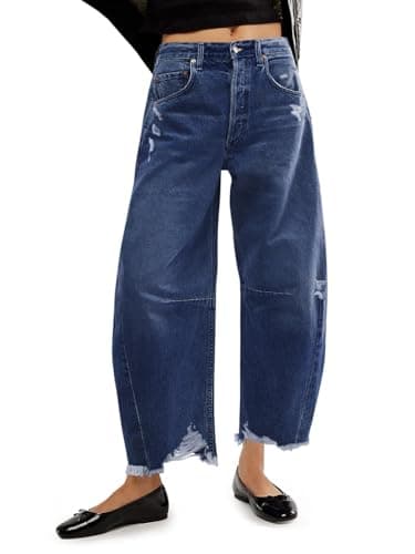 Image of Cicy Bell Womens Baggy Barrel Jeans Cropped Boyfriend Wide Leg Raw Hem Denim Pants Navy,8