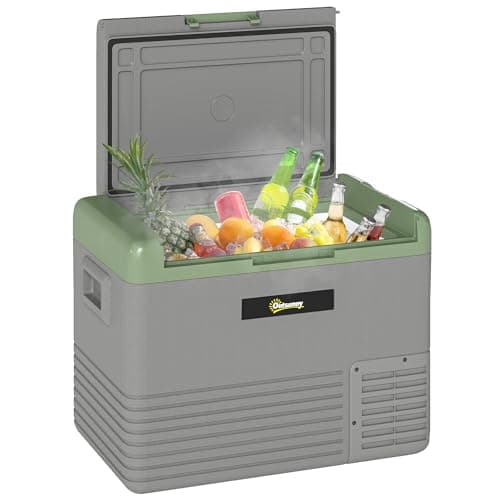 Image of Outsunny 40L Car Refrigerator, Portable Compressor Car Fridge Freezer, Electric Cooler Box with 12/24V DC and 110-240V AC for Camping, Driving, Picnic, Down to -20℃, Light Green and Grey
