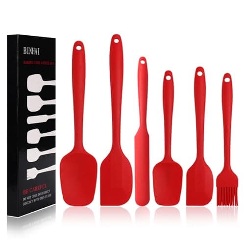 Image of BINHAI Silicone Spatula Set - Red 6 Piece Non - Stick Rubber Spatula with Stainless Steel Core - Heat-Resistant Kitchen Utensils Set for Cooking, Baking and Mixing