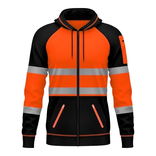 Image of trending babz Mens Hi Viz Vis Reflective Zipper Patched Fleece 3 Zip Up Pockets Sweatshirt Work Wear Hoodie Top Jacket Orange Black