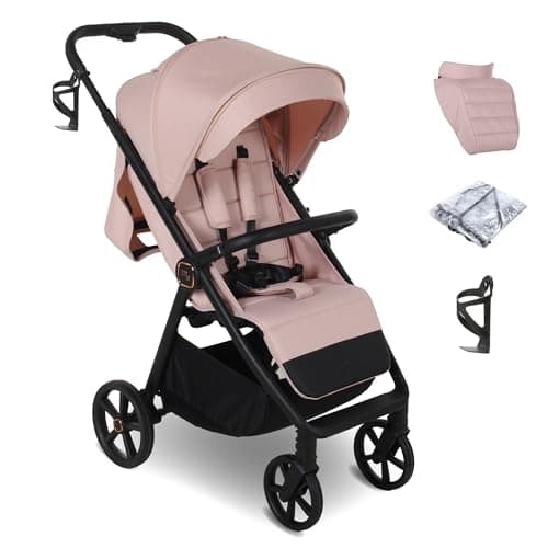 Image of My Babiie MB170 Plus Pushchair – from Birth to 4 Years (22kg), 4-Wheel Suspension, Large Basket, XL Canopy, Foldable, Compact, Stroller with Footmuff, Cup Holder, Rain Cover – Pastel Pink