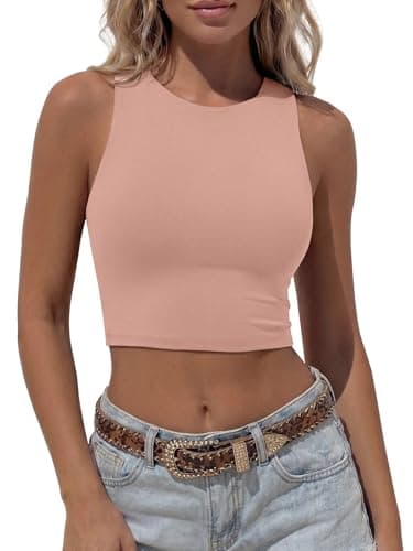 Image of REORIA Women Sexy Sleeveless Racer Back Tank Tops Halter Neck Crop Tops Pink Small