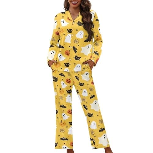 Image of XXQGOMG Women's 2 Piece Button Up Pajamas Set Long Sleeve Blouse and Pants Sleepwear, Halloween Ghost Print, XXL