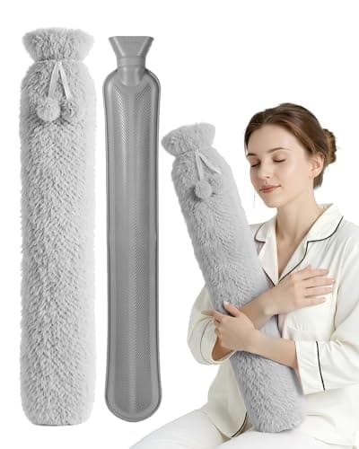 Image of KEPLIN Extra Long 2L Hot Water Bottle with Super Soft Fleece Cover, Durable Natural Rubber, Long Lasting Warmth for Neck, Back & Body, Winter Comfort - Grey