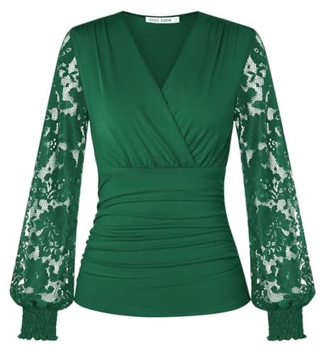 Image of GRACE KARIN Women’s Long Sleeve Tops Elegant Wrap V-Neck Ruched Tunic Blouses Casual Vintage Blouse Shirt Dark Green L
