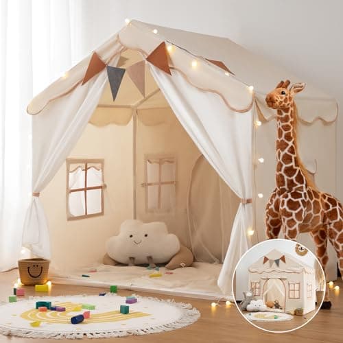 Image of besrey 2-in-1 Kids Play House Tent for Girls & Boys – Indoor Toddler Tent with Lights & Pad, Children Tents for Kids & Toddlers, Large Bed Tents, Princess Playhouse with 2 Doors beige
