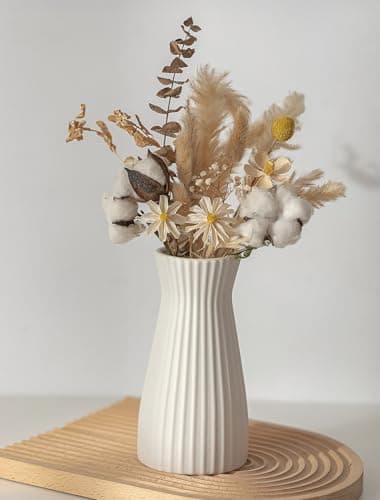 Image of NUPTIO White Ceramic Vase for Flower: 20 cm Farmhouse Decorative Pampas Grass Vases for Living Room Kitchen Bedroom Bathroom - Modern Ribbed Centrepiece for Shelf Coffee Table