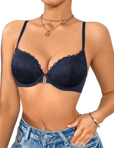Image of Awinclo Women's Front Closure Bras Push Up Lace Racer Back Underwire Padded Plunge Bra Dark Blue 34B