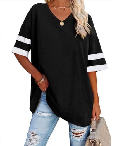 Image of Ebifin Women's Oversized T Shirts Half Sleeve Plain V Neck T Shirt Basic Tees Loose Cotton Tunic Tops.02-Black.XXL