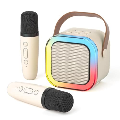 Image of DRSYXCS Karaoke Machine for Kids Adults, Mini Bluetooth Speaker with 2 Wireless Microphones, Portable Singing Mic Toys Kit with Party LED Light and Voice Changer for 3-12 Years Old Boys Girls(White)