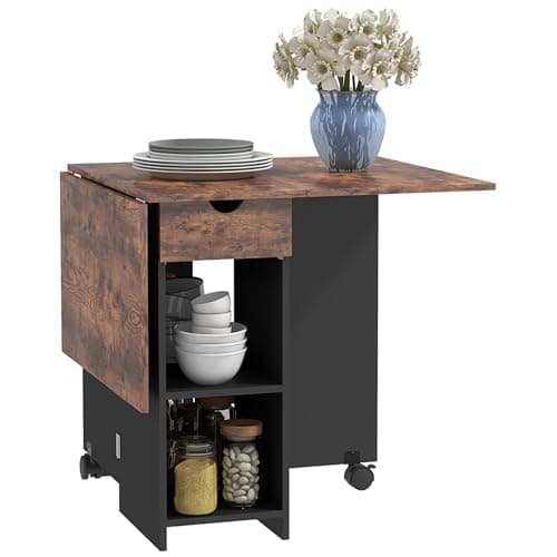 Image of HOMCOM Folding Dining Table, Drop Leaf Table for Small Spaces, Foldable Table with Drawer and Storage Shelves for Kitchen, Dining Room, Rustic Brown